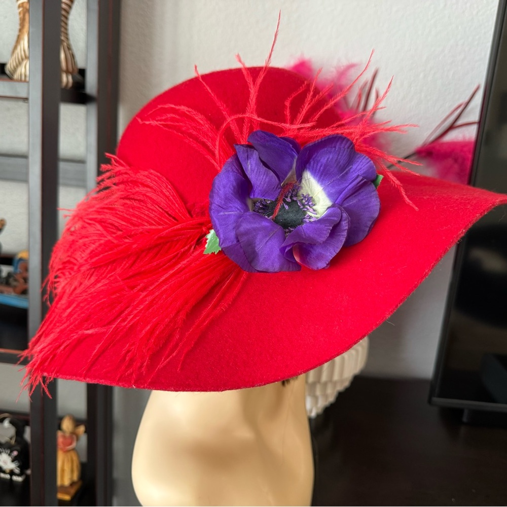 Red Wool Hat with Purple Flower and Feather - Picture 3 of 11